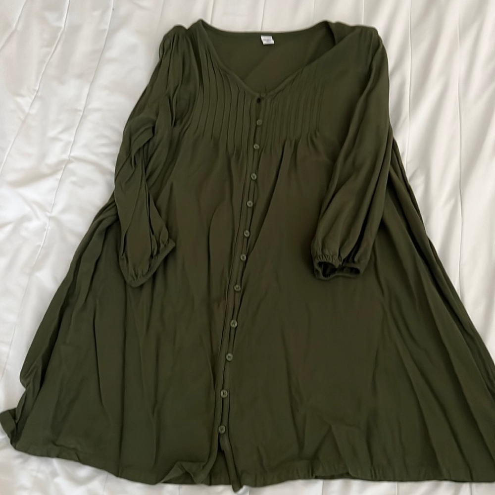 Forest Green Button Dress, flowy and long sleeves